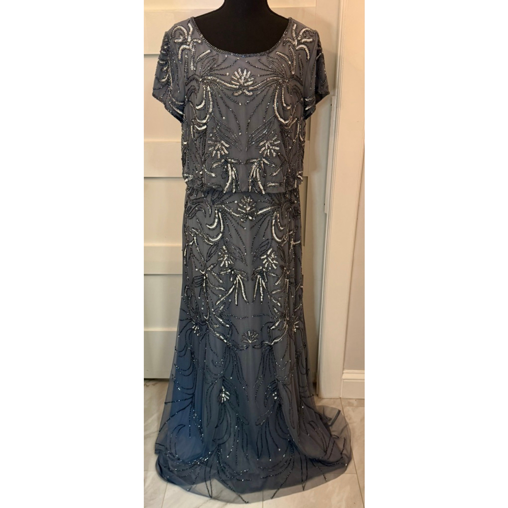 Adrianna Papell Beaded Art Deco Gray Formal Gown Dress Sz 14 NWT *Read*